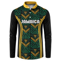 Black long-sleeve button sweatshirt, yellow-green geometric pattern with Jamaica print