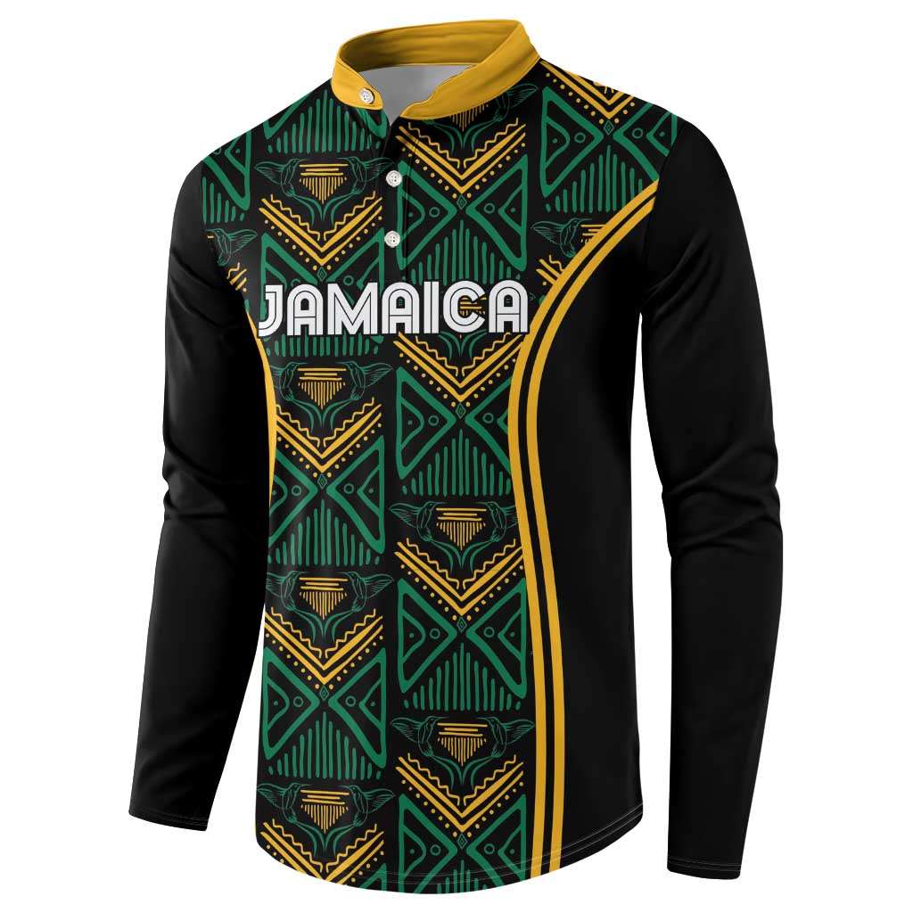 Black long-sleeve button sweatshirt with yellow-green geometric panel design