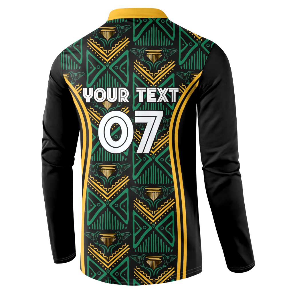 Black long-sleeve button sweatshirt with yellow-green geometric pattern and Your Text 07