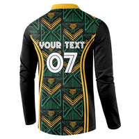 Black long-sleeve button sweatshirt with yellow-green geometric pattern and Your Text 07