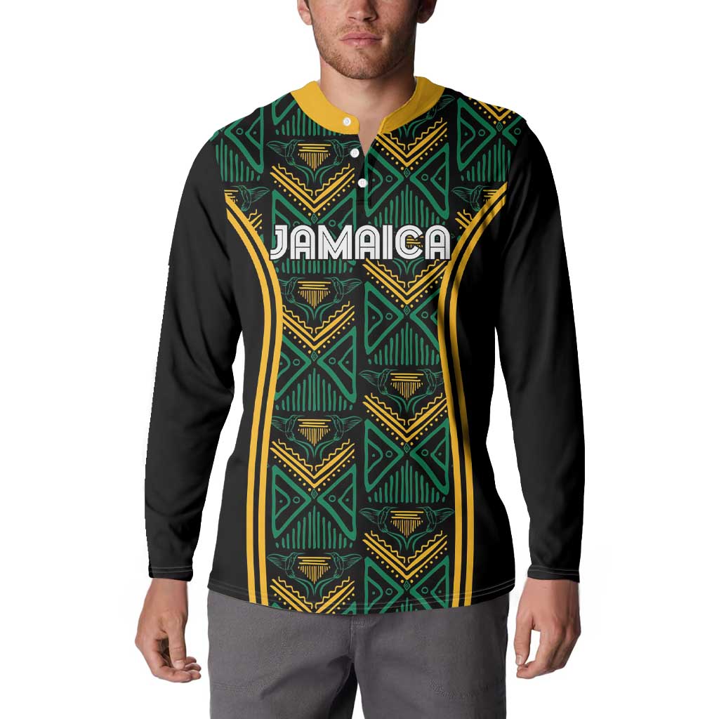 Black long-sleeve button sweatshirt with collar, yellow-green pattern and Jamaica front print