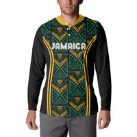 Black long-sleeve button sweatshirt with collar, yellow-green pattern and Jamaica front print