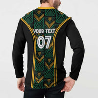 Black long-sleeve button sweatshirt with Your Text 07 on back, yellow-green pattern