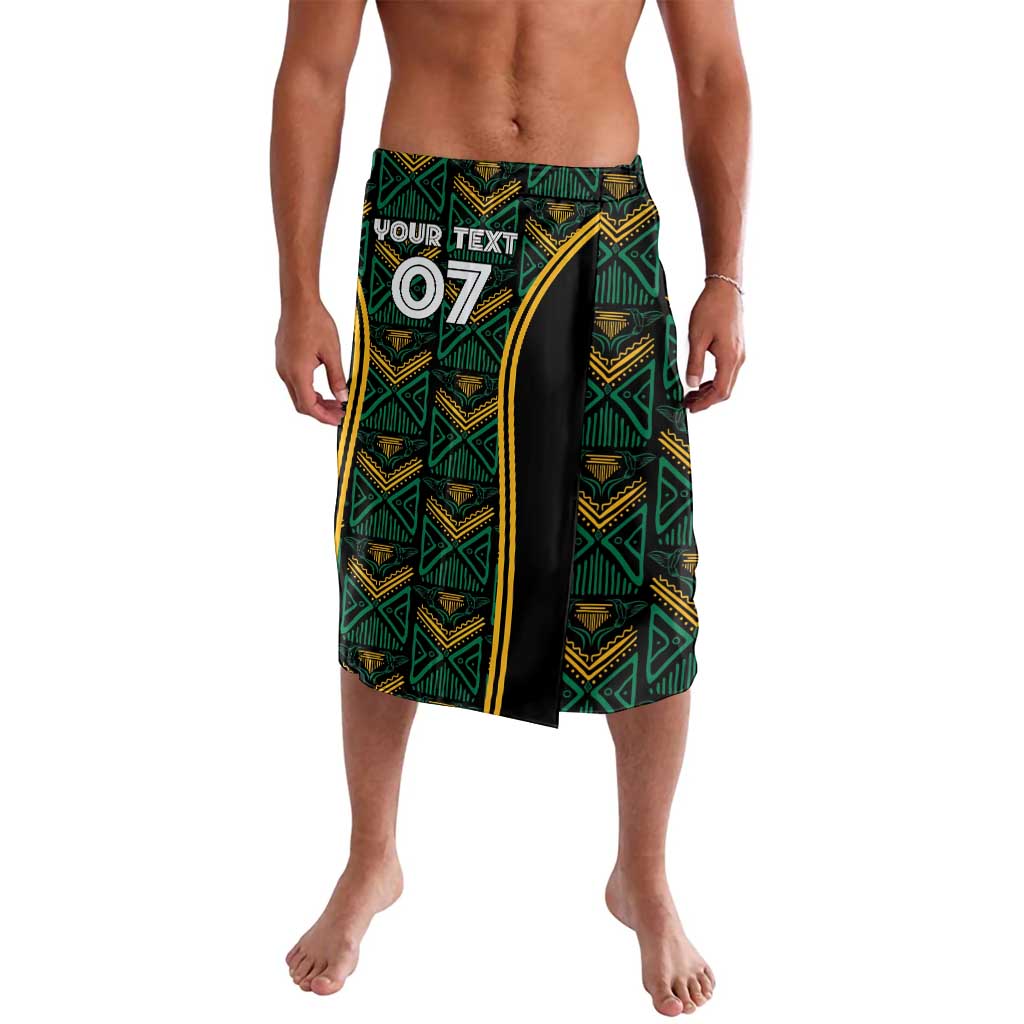 Men's lavalava-style shorts with green and gold tribal motifs, black side panel