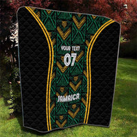 Black quilt with green ethnic design panel, gold curved stripes, “Your Text” 07, Jamaica