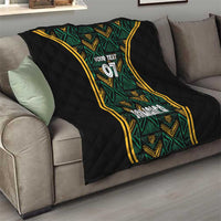 Black sofa quilt with green ethnic motif strip, gold curved trim, “Your Text” 07, Jamaica