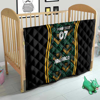 Black baby quilt with green geometric center, gold borders, “Your Text” 07, Jamaica