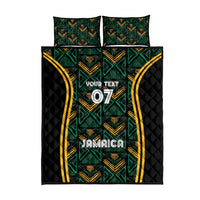 Custom quilt bed set with two matching pillows: black quilt, green motifs, yellow border