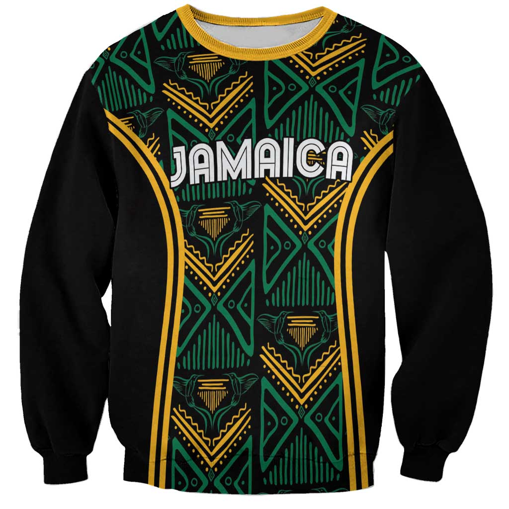 Black unisex sweatshirt with green and yellow ethnic motif front print 'JAMAICA'