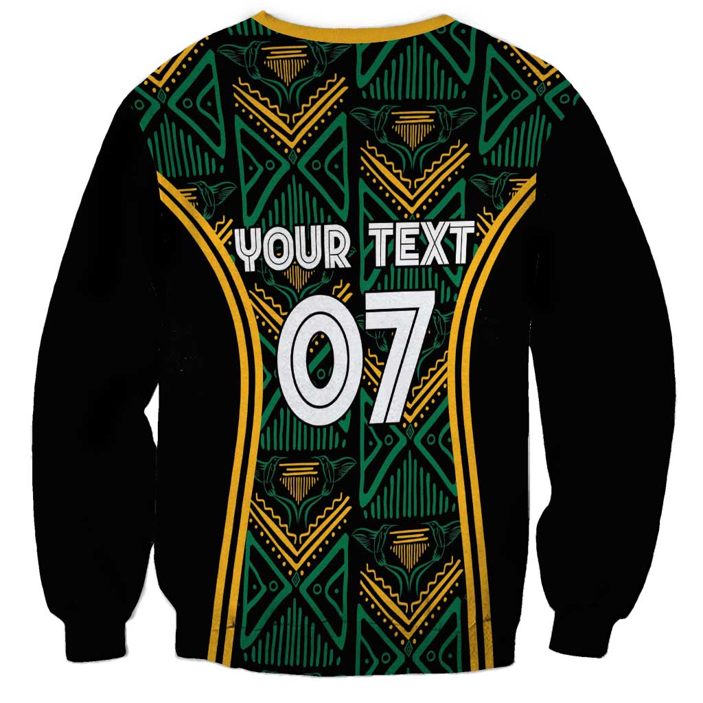Black unisex sweatshirt with teal and yellow tribal pattern, 'YOUR TEXT' and 07 print