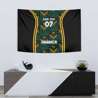 Black tapestry with green gold motifs, yellow curved borders, 'Jamaica' and '07' text