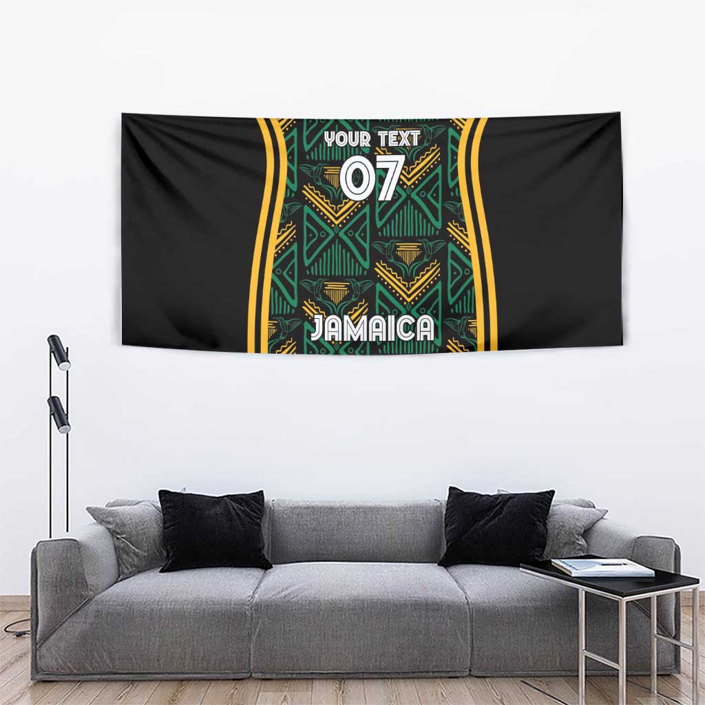 Black tapestry with green gold geometric panel, yellow side stripes, 'Jamaica' and '07'
