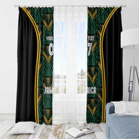 Black curtains with green geometric center panels, gold trim, custom text and number 07