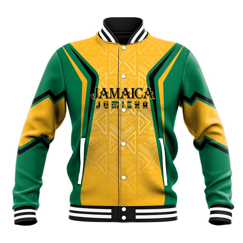Yellow baseball jacket with green sleeves, tribal motifs, striped trim, snap front, Jamaica print