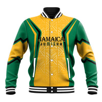 Yellow baseball jacket with green sleeves, tribal motifs, striped trim, snap front, Jamaica print