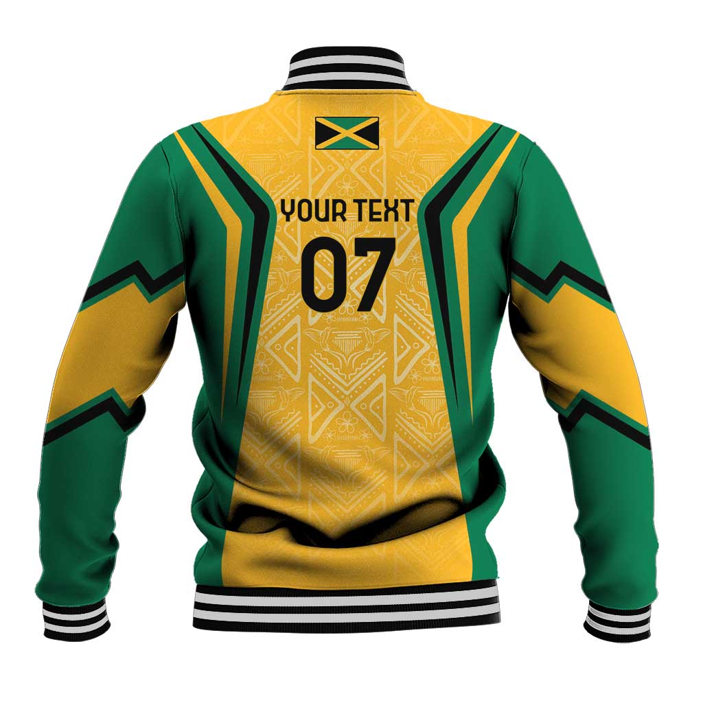 Yellow back baseball jacket with green side stripes, tribal pattern, 'YOUR TEXT' and '07' graphic