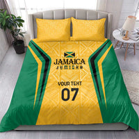 Yellow and green Jamaica bedding set with gold accents, geometric pattern, and two matching pillows
