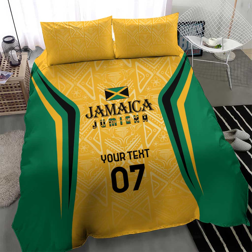 Yellow and green duvet cover with gold Jamaica-style geometric motif and custom text 07