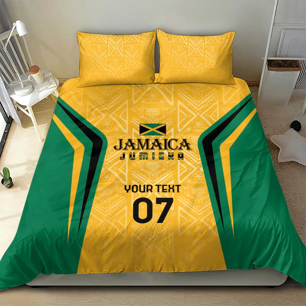 Yellow and green bedding set with gold geometric design, Jamaica emblem, and custom text 07