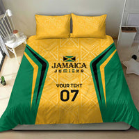 Yellow and green bedding set with gold geometric design, Jamaica emblem, and custom text 07