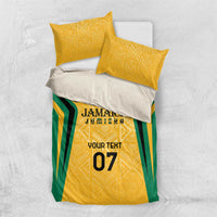 Yellow and green bedding set with gold geometric motif, matching pillowcases, and custom text 07