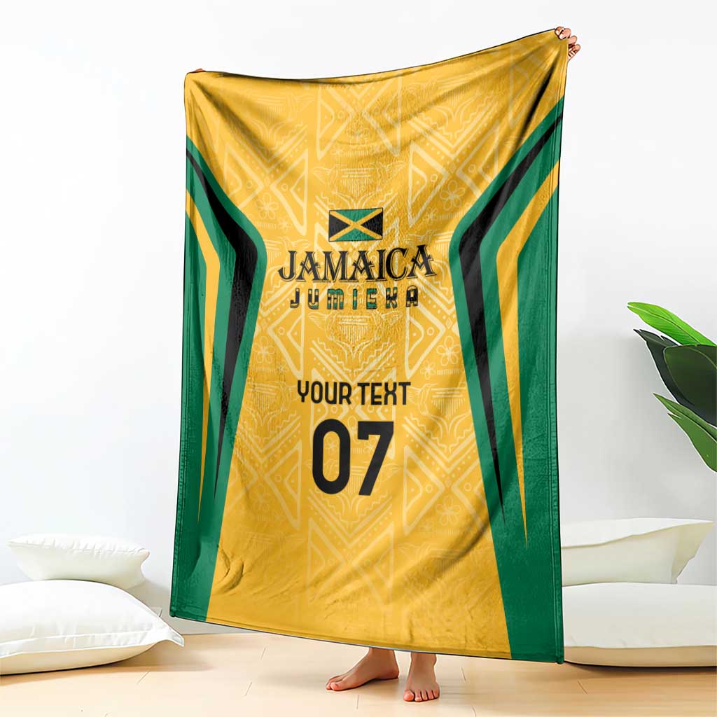 Yellow ethnic blanket with green side stripes, custom text and number 07, shown upright