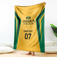 Yellow ethnic blanket with green side stripes, custom text and number 07, shown upright