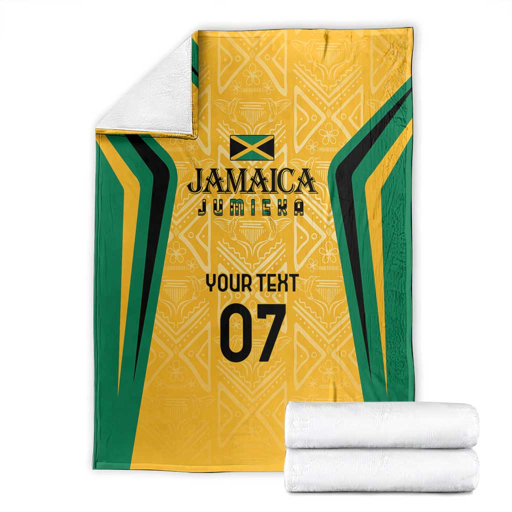 Yellow ethnic blanket with green stripes, custom text and number 07, with folded whites
