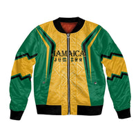 Yellow and green bomber jacket with gold ethnic motifs, front zipper and ribbed cuffs