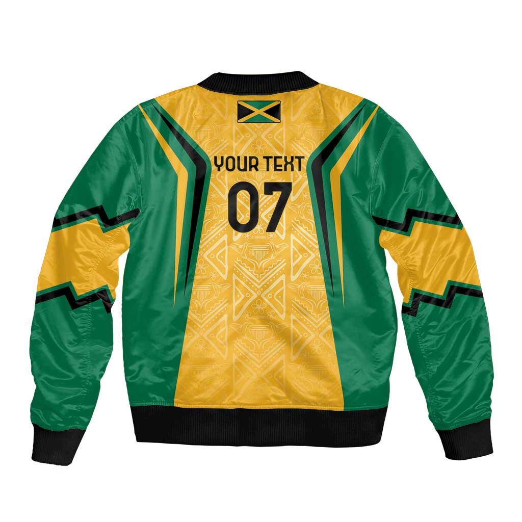 Green and yellow bomber jacket back with gold geometric motifs, text panel and star emblem