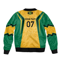 Green and yellow bomber jacket back with gold geometric motifs, text panel and star emblem