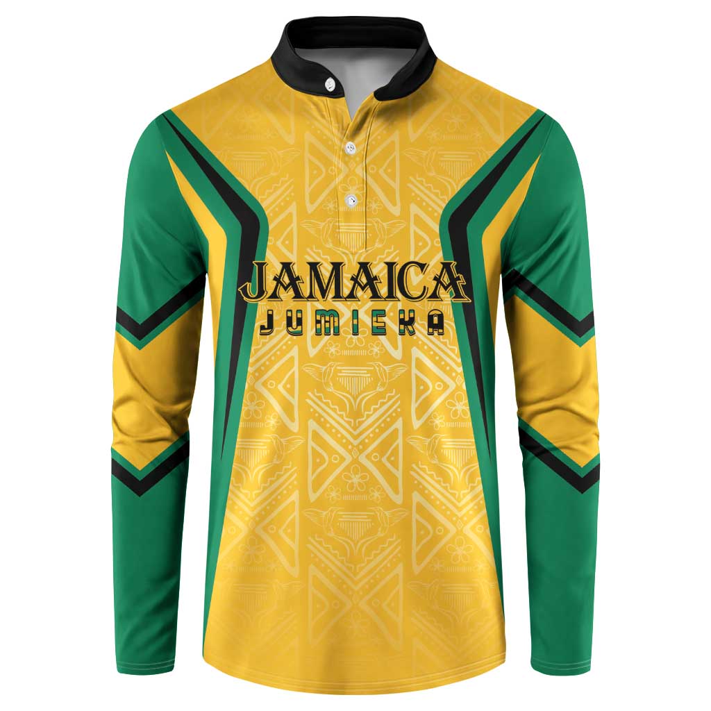 Men's yellow and green button sweatshirt with Jamaican text, black collar, patterned motifs