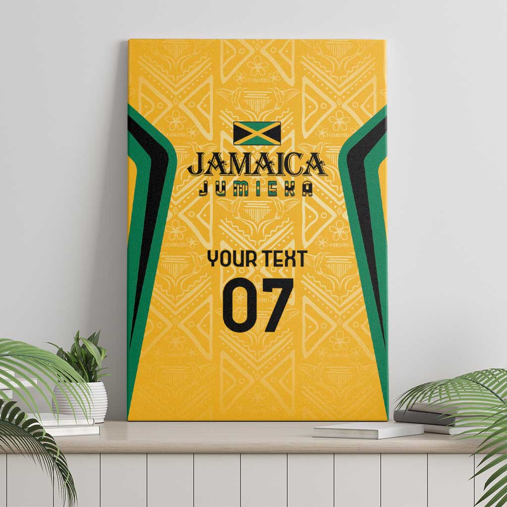 Yellow Jamaica canvas wall art, centered front view with green-black side lines