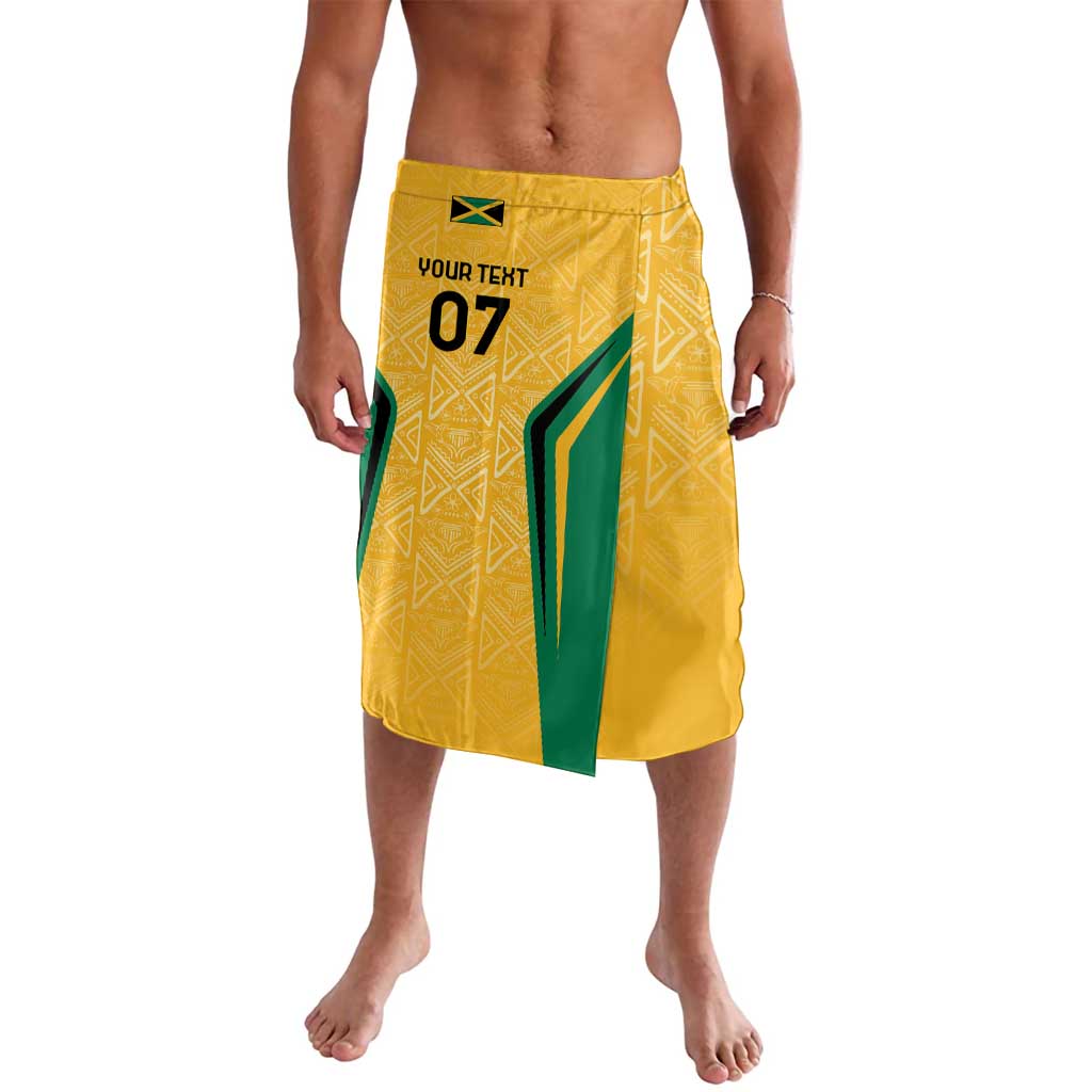 Yellow lava-lava-style shorts with geometric motifs and teal side panel accents
