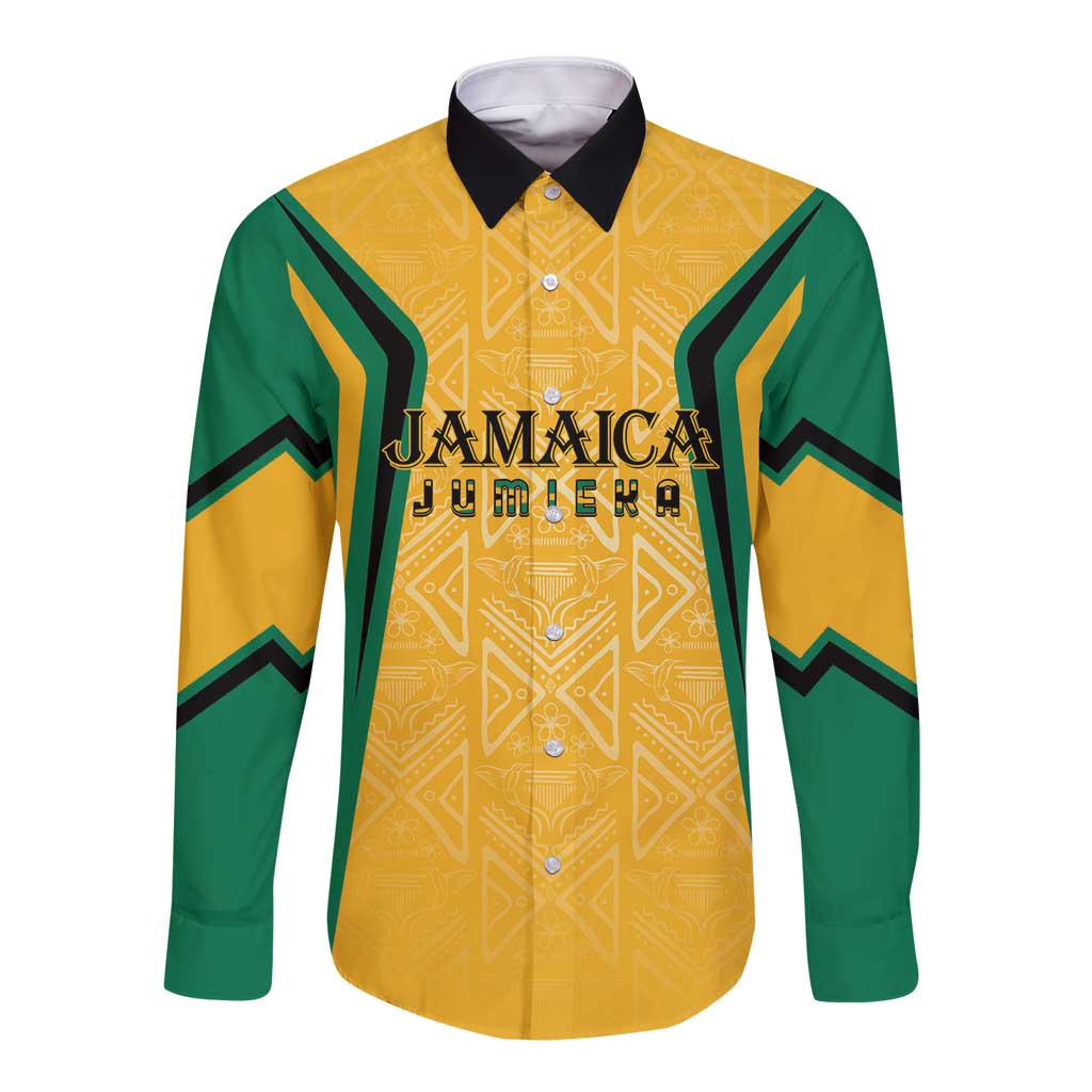 Yellow long sleeve button shirt with green sleeves, gold motif print, black collar