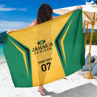 Green and yellow patterned custom sarong with bold stripe motifs and gold-toned designs