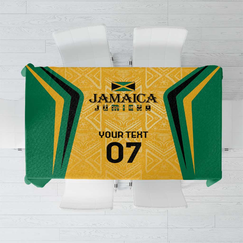 Yellow and green Jamaica tablecloth with ethnic motifs and gold accents