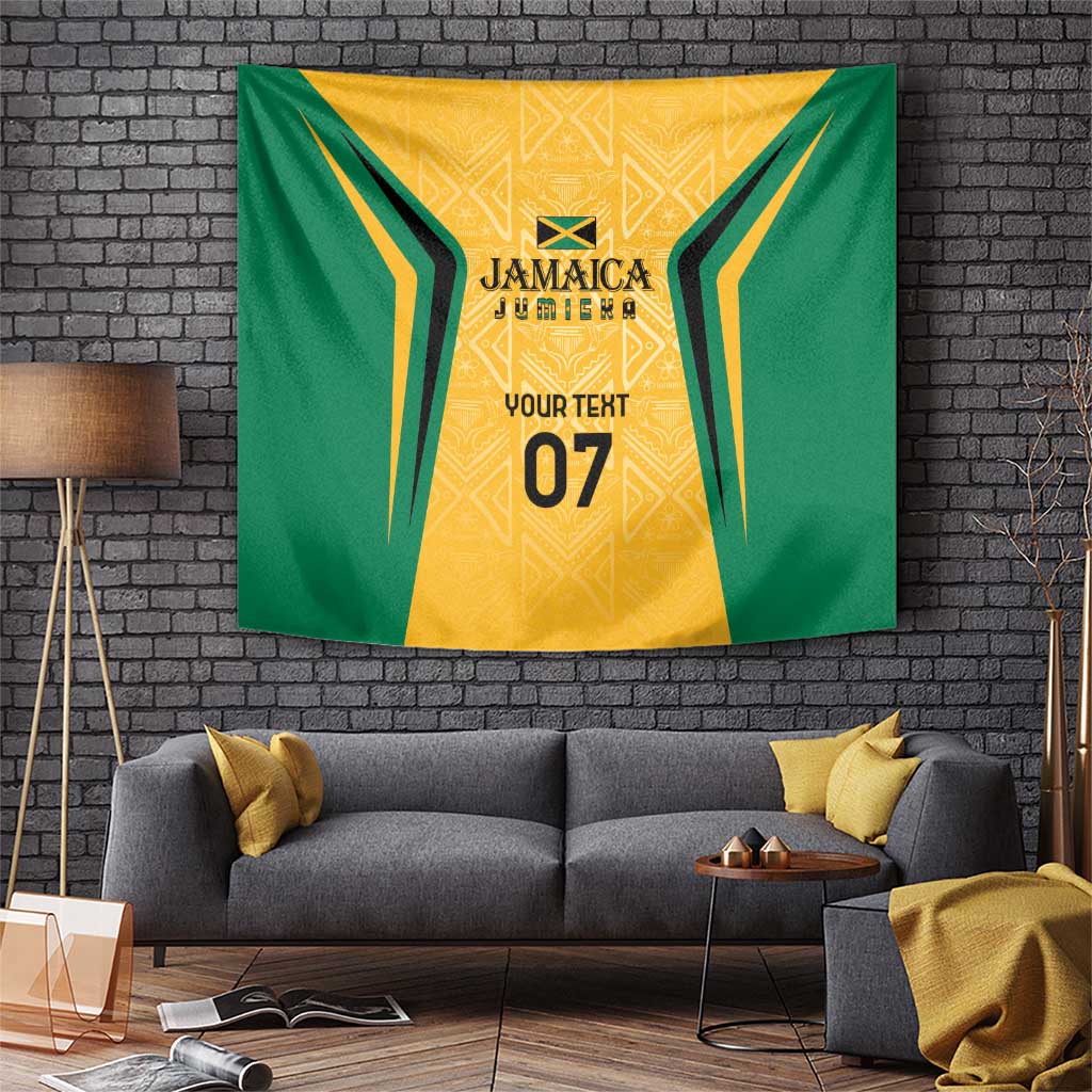 Wall tapestry with green and yellow panel, gold motif, centered Jamaica emblem and '07'