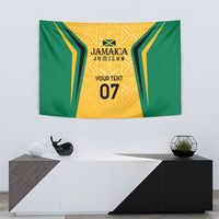 Wall tapestry with green and yellow geometric stripes, gold crest, 'Your text' and '07'
