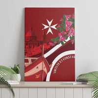 Red canvas wall art featuring Malta skyline, Maltese cross, pink flowers, and boat scene