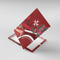 Red canvas wall art with Maltese cross, boat, and pink flowers shown at an angle