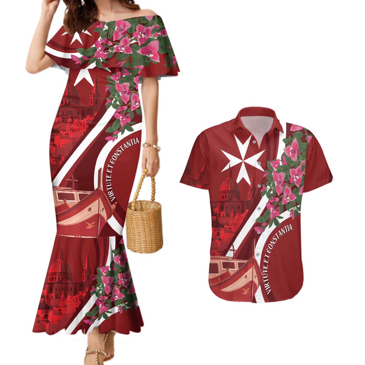 Inħobbok Malta Couples Matching Mermaid Dress and Hawaiian Shirt Bougainville and Luzzu