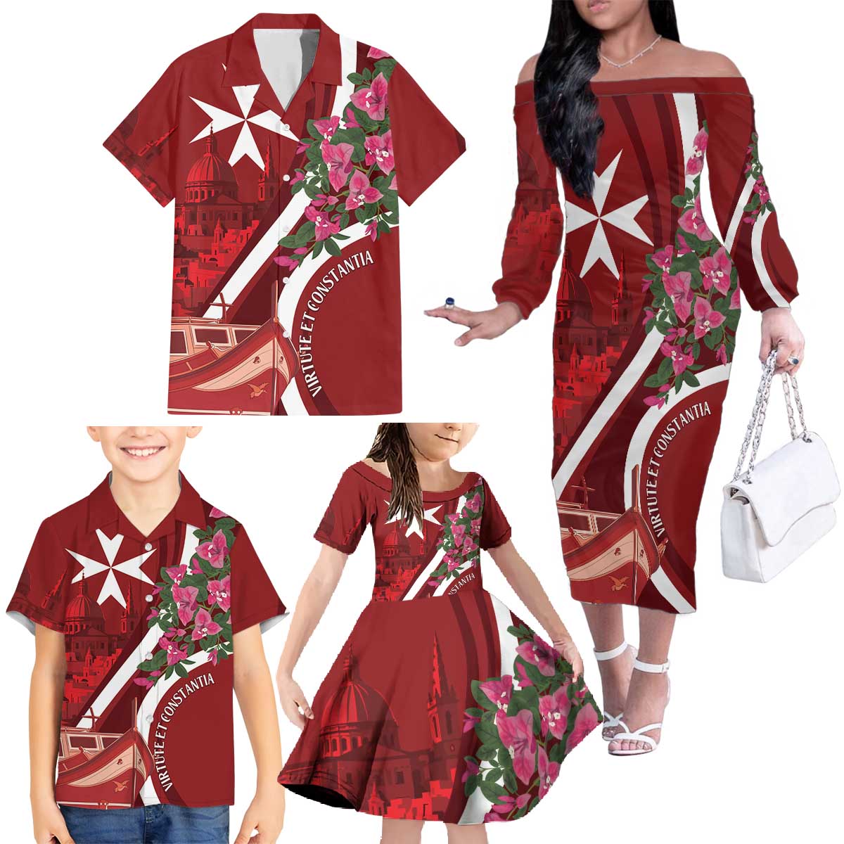 Inħobbok Malta Family Matching Off The Shoulder Long Sleeve Dress and Hawaiian Shirt Bougainville and Luzzu