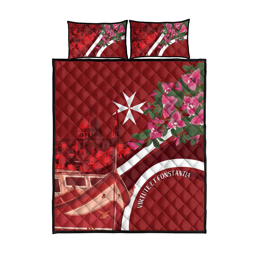 Red quilt bed set with two pillows; central white star and green-pink floral pattern