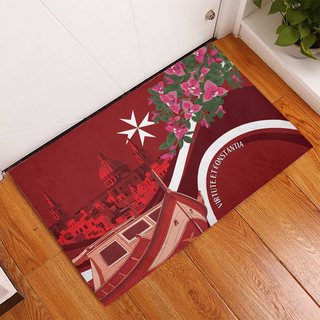 Red rubber doormat on wood floor, Malta skyline, boat, pink blossoms and white text