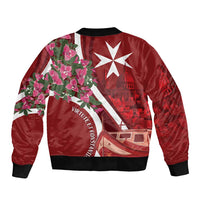 Red satin zip bomber jacket with floral sprigs, star crest, harbor buildings print, ribbed hem