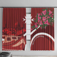 Red window curtain pair with Maltese skyline print and pink floral panel, blackout style.