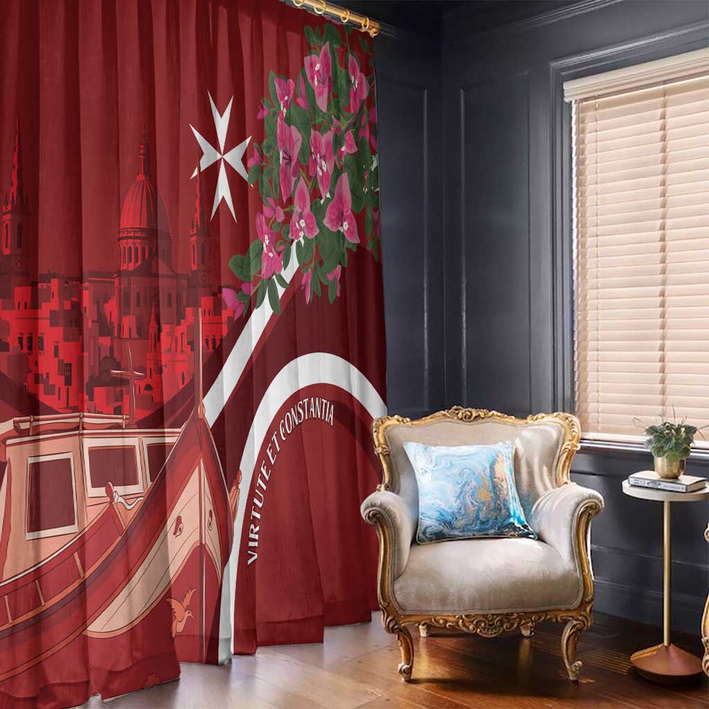 Red window curtains with Maltese landmark print and pink bougainvillea floral section.