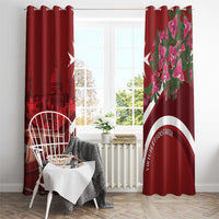 Red curtains with Maltese skyline and pink floral top section; eyelet header style.