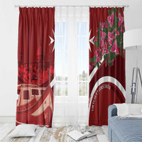 Red curtain pair with skyline print, pink floral panel, and centered white emblem band.